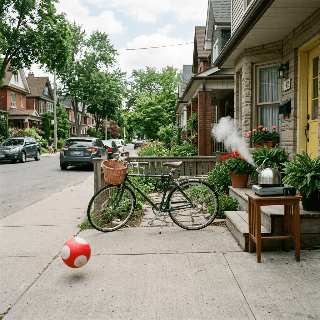 Bicycle parked on sidewalk next to a steaming kettle on a small table by house steps