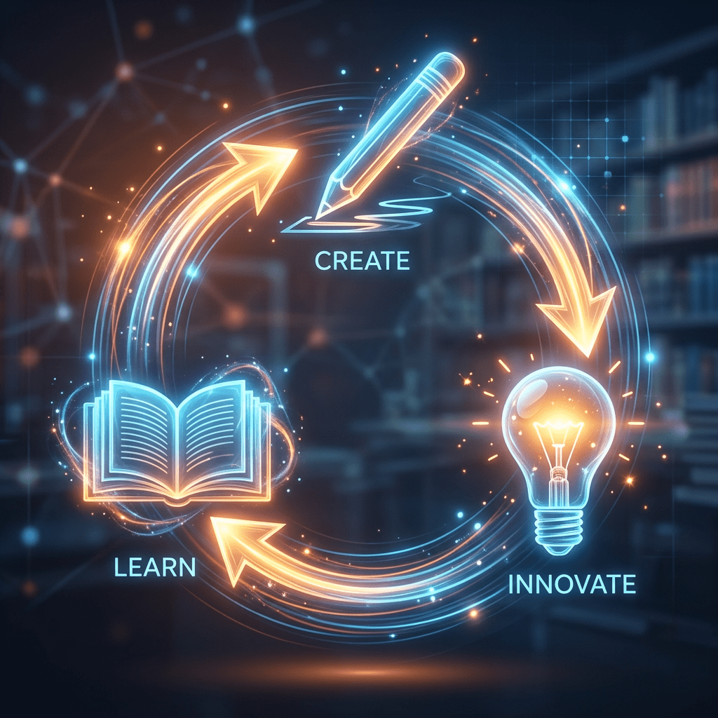 Digital cycle with glowing pencil for create, light bulb for innovate, and open book for learn