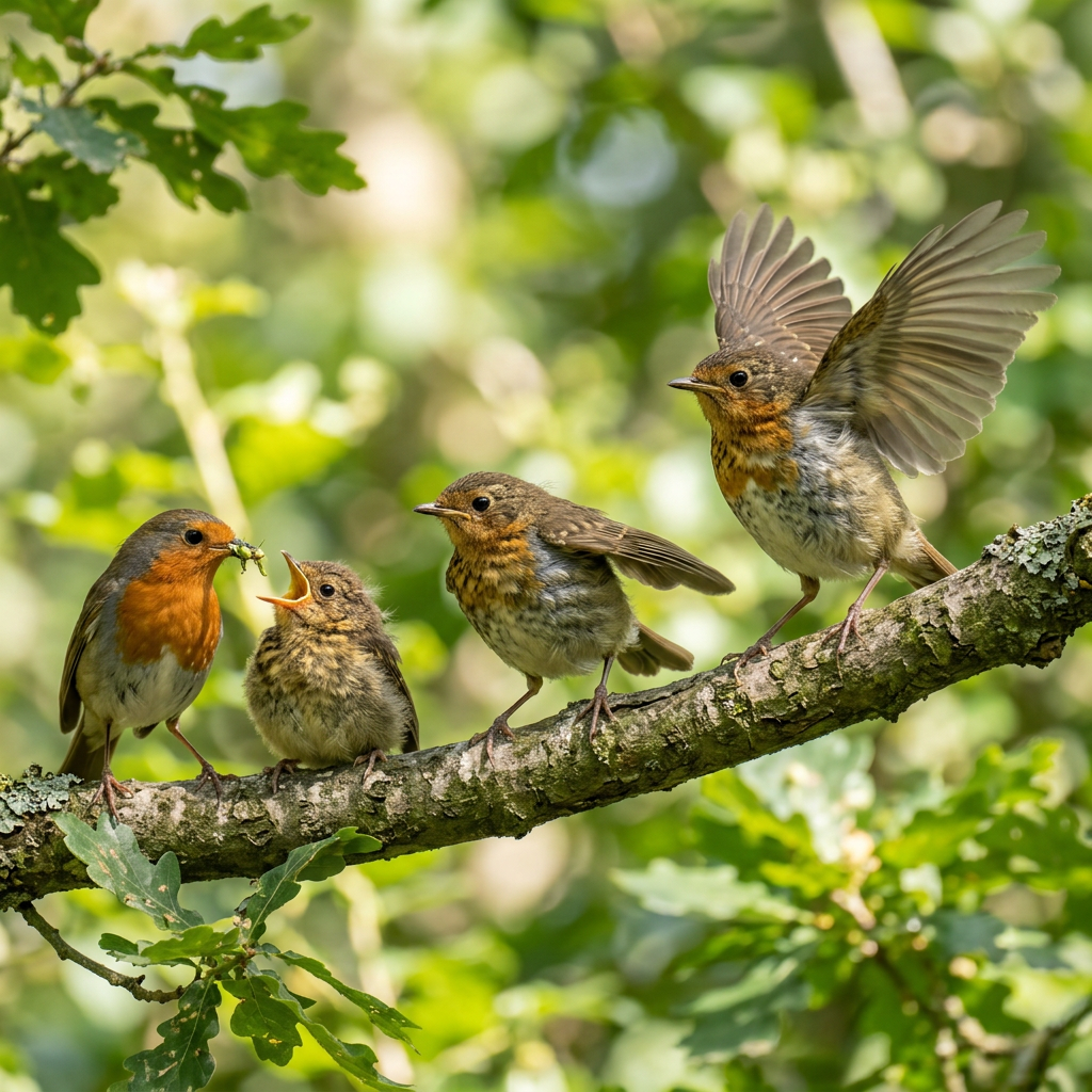 Adult robin feeding a caterpillar to an open-mouthed chick with two other juvenile robins nearby on branch