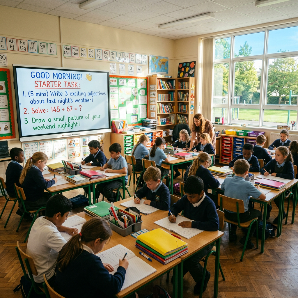 Elementary students writing in notebooks during morning starter tasks with teacher assisting