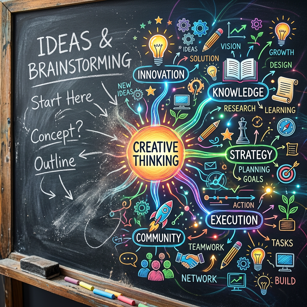 Chalkboard with creative thinking diagram connecting innovation, knowledge, strategy, community, and execution.