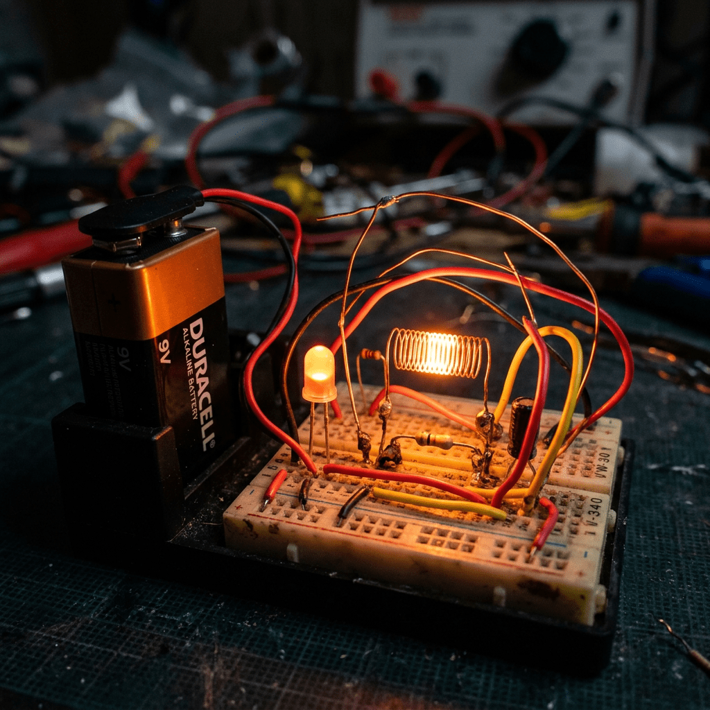 Breadboard circuit powered by 9V battery with glowing coil and lit LED