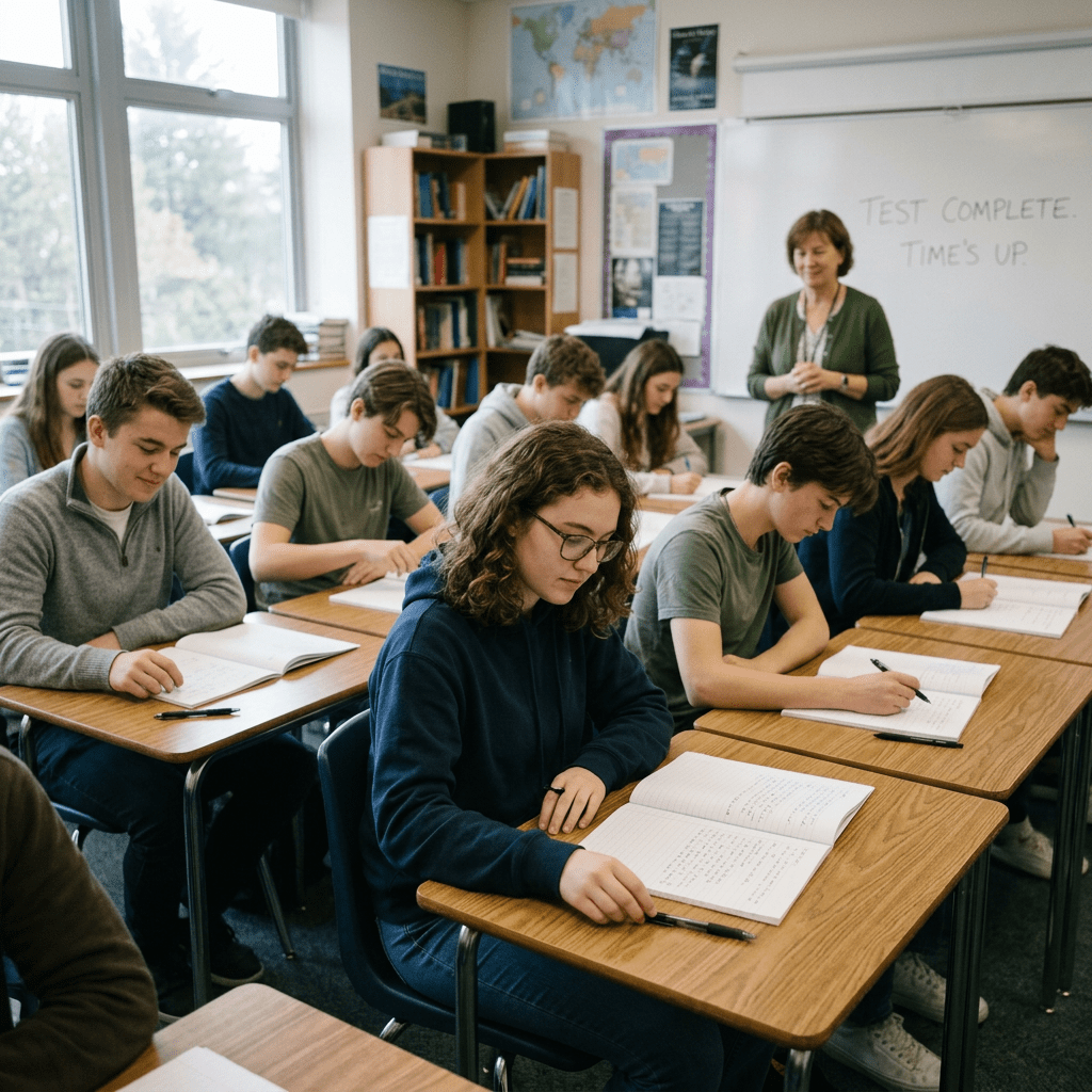 High school students completing a written test in classroom with teacher in background